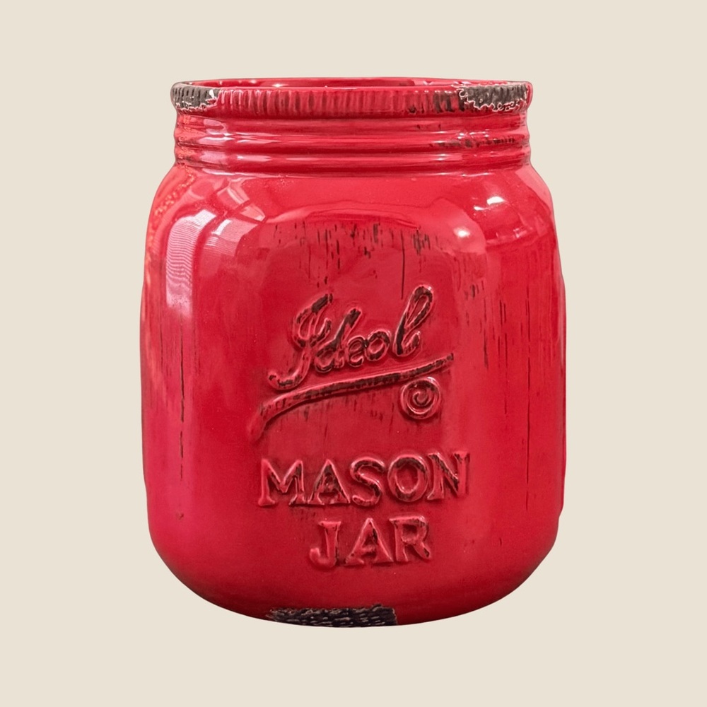 Red Ceramic Mason Jar Vase – Farmhouse Rustic Decor